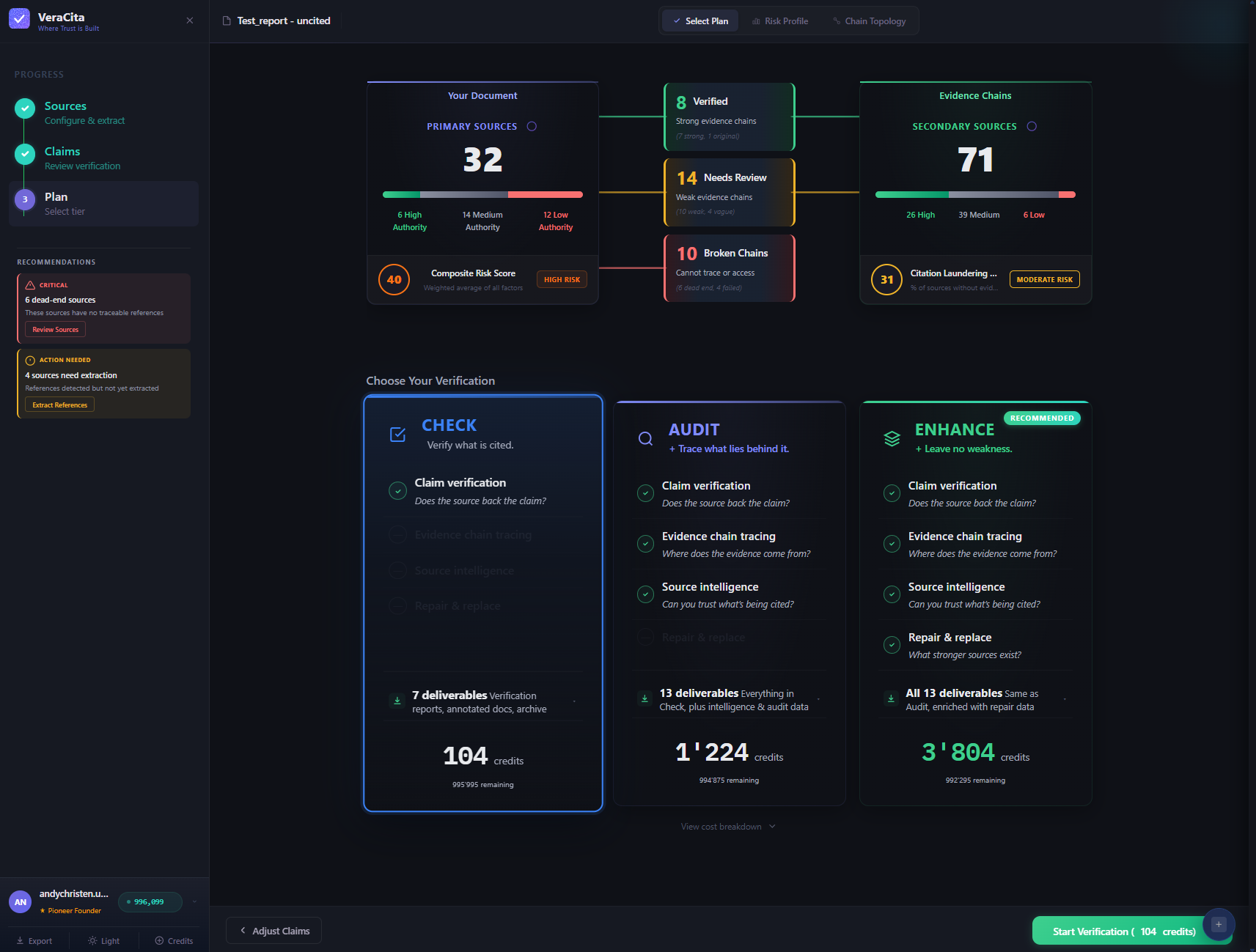 Verification Results — claim-level verdicts with source intelligence